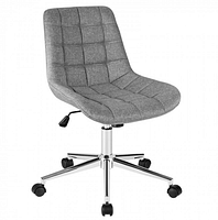 Front and side view of grey swivel fabric chair with quilted seat and backrest, on chrome 5-star base with castors.