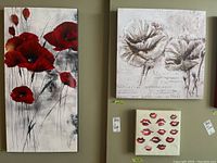 Three floral art pieces arranged on a wall: Two stretched canvas prints and one plaque print featuring red poppies, sepia flowers, and red lips.