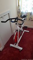 Side view of white Stamina spin bike showing padded black seat, ergonomic handlebars, and red flywheel.