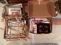 Entire lot overview: frames, boxes of yarn and tools