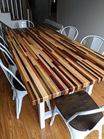 Overhead view showing full butcher block top with alternating hardwood strips and white base