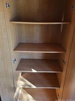 Interior view of the cabinet showing multiple wooden shelves, some adjustable, with light wood grain finish.