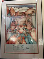 Full view of framed Peña print depicting Native American figures with red rock landscape and mountains, titled 'The Spanish Mission, 1920'