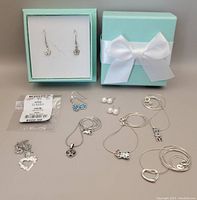 Complete lot showing necklaces, earrings, and packaging box with tags visible.