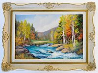 Full view of the oil painting and vintage wood frame, showing the autumn landscape and ornate frame details.