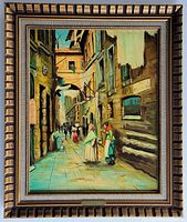 Frontal image of the oil on canvas painting showing a street scene with several figures and buildings, framed in a vintage wood frame with a fabric border.