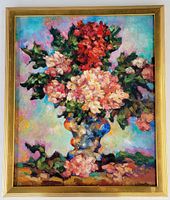 Full front view of framed floral oil painting showing vibrant colors and signature.