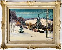 Full view of the original oil painting in ornate vintage frame showing winter landscape with snow, trees, and cabin.
