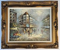 Framed oil painting showing overall artwork and ornate wood frame with decorative accents.