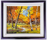 Framed oil on canvas painting showing autumn landscape with birch trees and river, signed Rose Garo.