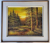Framed oil painting showing forest landscape with sunset and pond.
