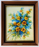 Framed oil on canvas floral painting showing the entire artwork including the wood frame and nameplate