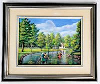 Framed oil painting showing serene river scene with canoeists and trees, framed in vintage wood with cream matting.