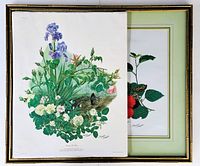 Photo of a framed and a partially covered unframed botanical lithograph featuring various flowers and butterflies signed by Maryrose Wampler.