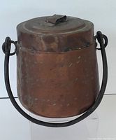 Front view of vintage copper kettle showing cylindrical shape, patina, handle and lid.