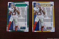 Front view of two Odell Beckham Jr. football cards with franchise heading, green and yellow accents.