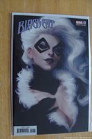 Front cover of Black Cat #1 Marvel 2019 variant comic showing character Black Cat with white hair in black costume with white fur collar