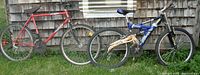 Two adult mountain bikes side by side against a wooden wall, blue Supercycle Hooligan with suspension and red Road Runner Mountain Tour
