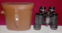 Vintage black Carl Wetzlar 7x35 Eagle binoculars with mesh-textured body and central striped focusing wheel, accompanied by the original brown leather case with snap closure.