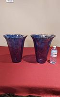 Two blue glass vases placed side by side on a red surface with a water bottle for scale, showing size and detailed textured design.