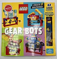 Front cover of the LEGO Gear Bots building book showing colorful gear-driven robot models and 62 LEGO elements included.