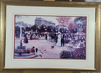 Full view of the framed print showing Parisian scene with people, fountain, and trees in a large gold-tone decorative frame.
