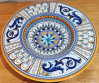 Top view of the hand painted ceramic plate showing intricate Majolica design in blue, yellow, green, and white.