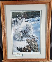Framed print showing two wolves in a snowy natural environment with rocks and icicles.
