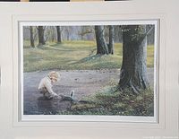 Frontal image of the limited edition print "Curious Innocence" showing the artwork of a child interacting with a squirrel seated outdoors beneath trees.