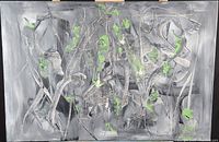 Front view of abstract acrylic oil painting on canvas with gray, silver, and green elements.