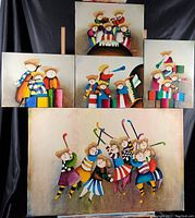 Full view of all five whimsical puffy people oil paintings arranged on a black backdrop showing colorful playful child figures in various activities.