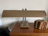 Front view of coffee brown mid-century modern office lamp with long metal shade, two push-button switches on base, and wood decorative object on side.
