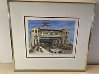 Full view of the framed print showing vintage cars and a biplane on Burrard Bridge.