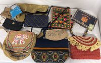 Overview of 9 handbags showing variety in textures and colors including embroidery, quilting, beading, weaving, and fabric styles.