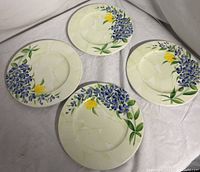 Set of 4 La Ceramica VBC hand painted plates arranged on white cloth, showing floral design and size.