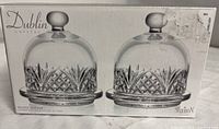 Photo of the original box packaging showing two Dublin Crystal petite butter dishes with domed covers, illustrating the pattern and product details.