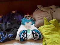 Photo showing six kids jackets laid out on a bed including tan, green, blue and white cartoon themed, black with blue details, purple, and gray jackets.