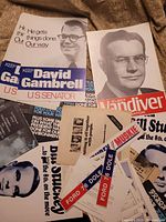 Overview of assorted political campaign posters and stickers, including David Gambrell and Landiver posters, among others.