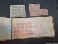Image of mint German stamps in album with sheets of pink stamps and blocks of green and red stamps.