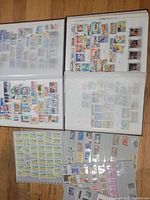 Photo showing two deluxe albums open displaying various worldwide stamps arranged in rows with protective plastic covers