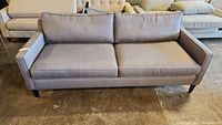 Front view of gray two-seat sofa showing cushion arrangement and leg style.