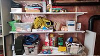 Shelf with assorted household and car utility items including cleaning supplies, lubricants, and storage containers.