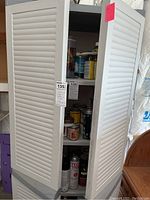 Front view of white plastic storage cabinet with doors closed showing louvered style.