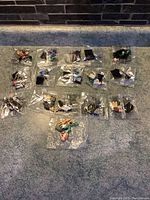 Overview of all 15 mini figures individually sealed in plastic bags, laid out on a carpeted surface.