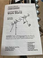 Owner's manual of Craftsman Universal Miter Saw Work Stand model 695.22304 showing warranty, safety, assembly, features, storage, and repair parts sections.