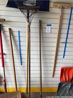 Full view of the hoe, rake, and blue metal snow shovel hanging on a wall, showing wooden handles and tool heads.