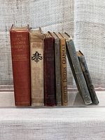 Side view of seven antique books showing spines, titles readable: The Life of James Robertson, International Short Stories, Mrs. Beeton's Cookery Book, Cobbett's English Grammar, History of Canada, Geography and History.