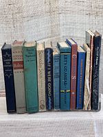 Photo showing the full set of 12 vintage books in various colors and condition, arranged side by side.