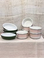 Display of 6 pink/grey octagonal berry bowls stacked and 4 green mini casseroles, shown from front and side