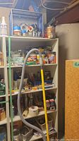 Wide view of shelves organized with bottles, tapes, brushes, paint rollers, and a lint roller, showing household supply assortment.